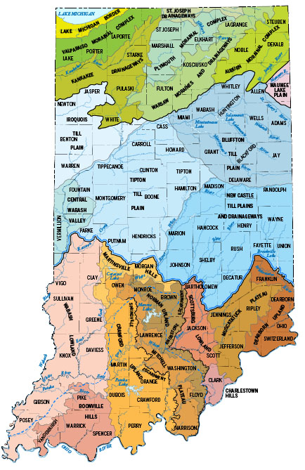 Map showing physiographic divisions of Indiana (Gray, 2000). Click on figure 1 to
				view enlarged map showing the physiographic divisions of southern Indiana. In south-central
				Indiana, karst features are present in the Mitchell Plateau and parts of the Crawford and
				Norman Uplands. In southeastern Indiana, karst is present in the Muscatatuck Plateau and
				Charlestown Hills physiographic divisions.