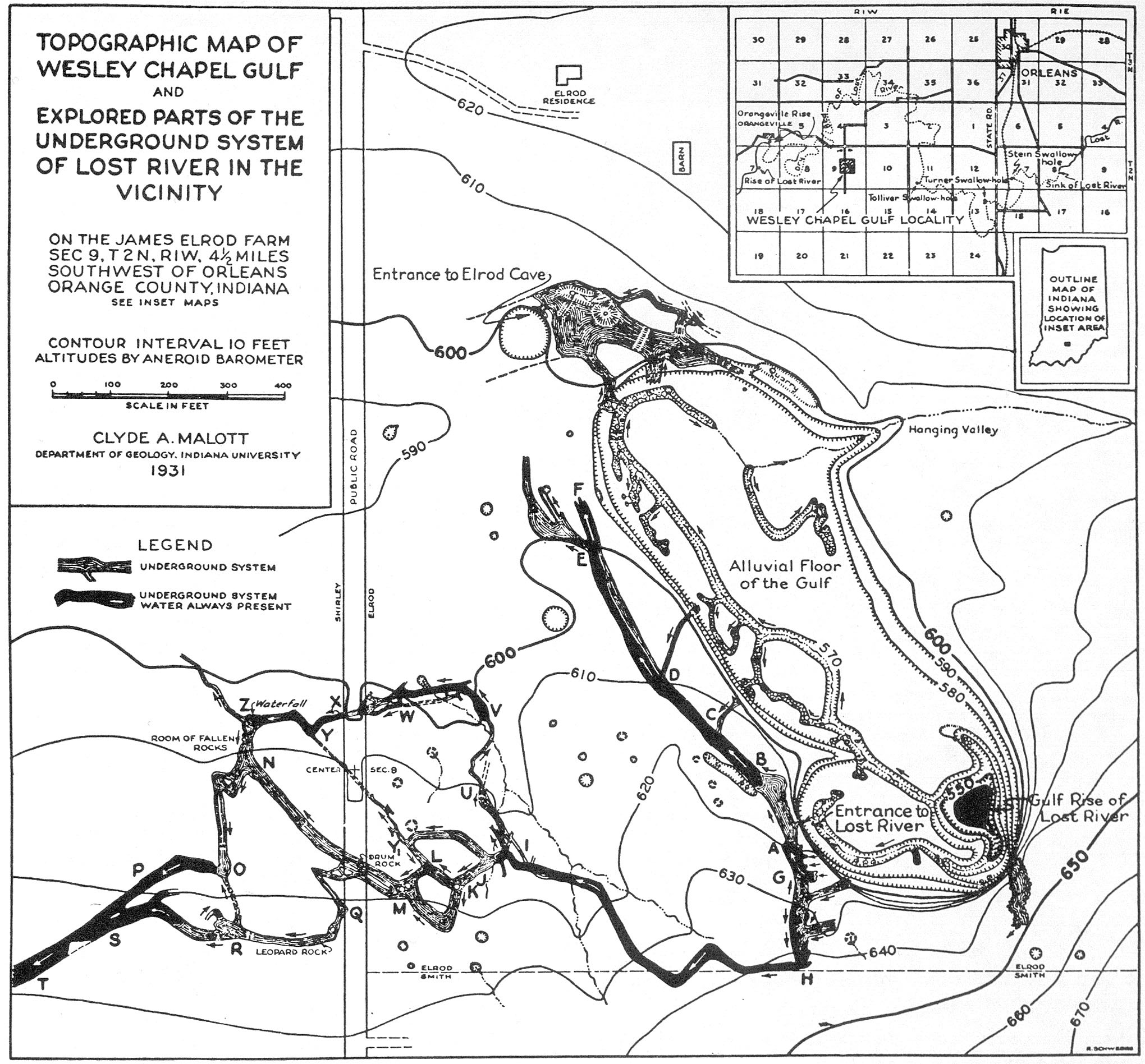 A sketch map of Wesley Chapel Gulf in Orange County, Indiana, originally drawn by Clyde A. Malott in 1931 (Malott, 1932).