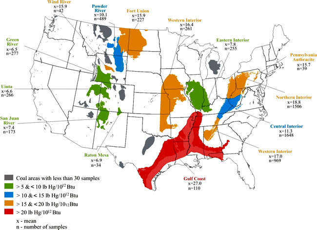 Image showing map of United States with mercury input loadings of in-ground coal for selected coal regions. Click image for a larger view.