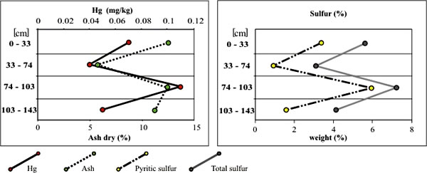 Image of two charts showing mercury concentrations and their relationships to ash and sulfur contents in the Springfield coal from Gibson County.