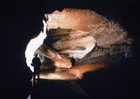 Photo taken inside Hamer Cave showing a person standing in a large passageway.