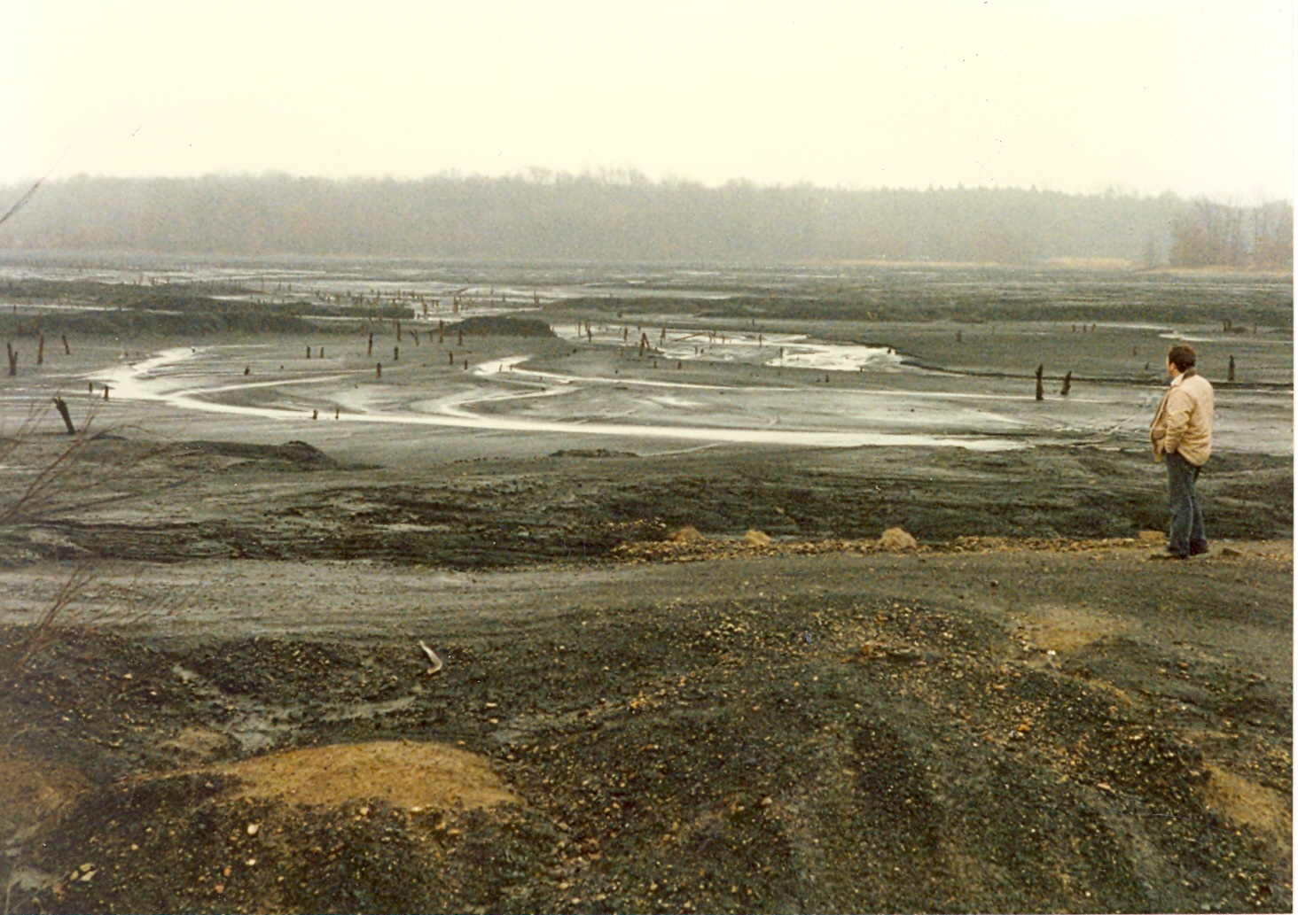A deposit of fine-grained coal-preparation refuse (slurry) after reclamation