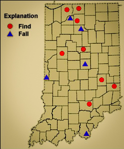 Image of Indiana map showing where meteorites have been recovered.