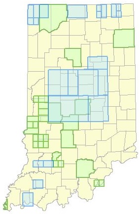 Map of Indiana showing the extent of geologic maps published by the IGS.