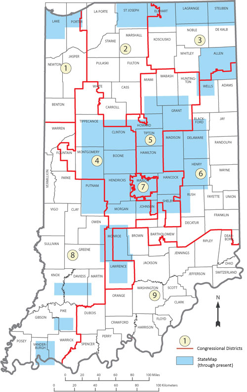 Map of Indiana showing areas that have been mapped under the STATEMAP program. Click to see a larger version.